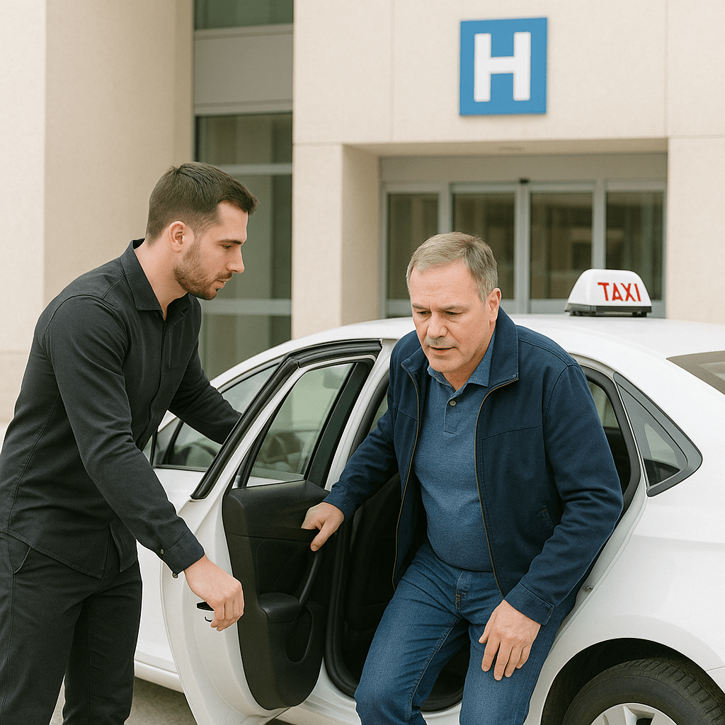 Chauffeur VSL aidant un patient à descendre du véhicule devant un hôpital